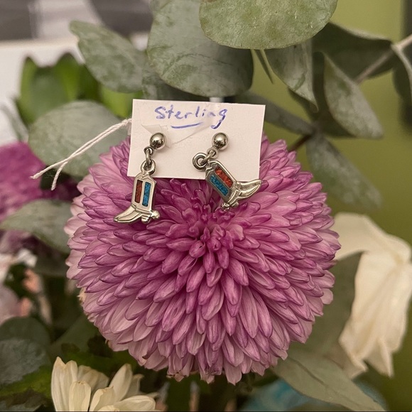 Sterling silver cowboy boots earrings turquoise - Picture 2 of 8